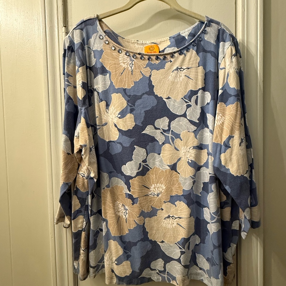 Ruby Rd 3x embellished top in shades of blue, cream and tan